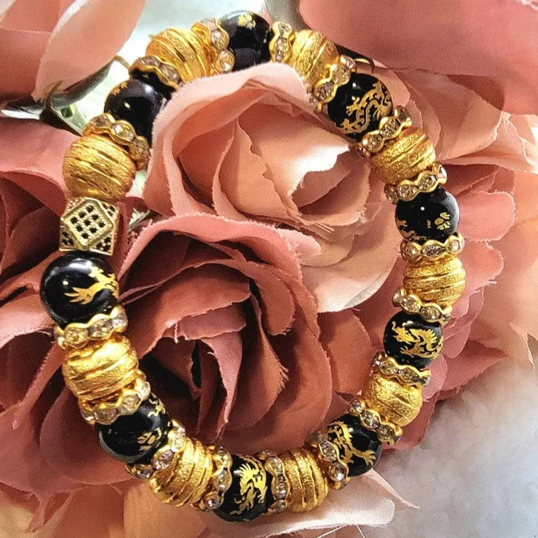 Pulsera de dragón negro y dorado, oro paparazzi, pulsera negra y dorada, dragón volador, pulsera de cuentas negras y doradas, regalo del Día de la Madre