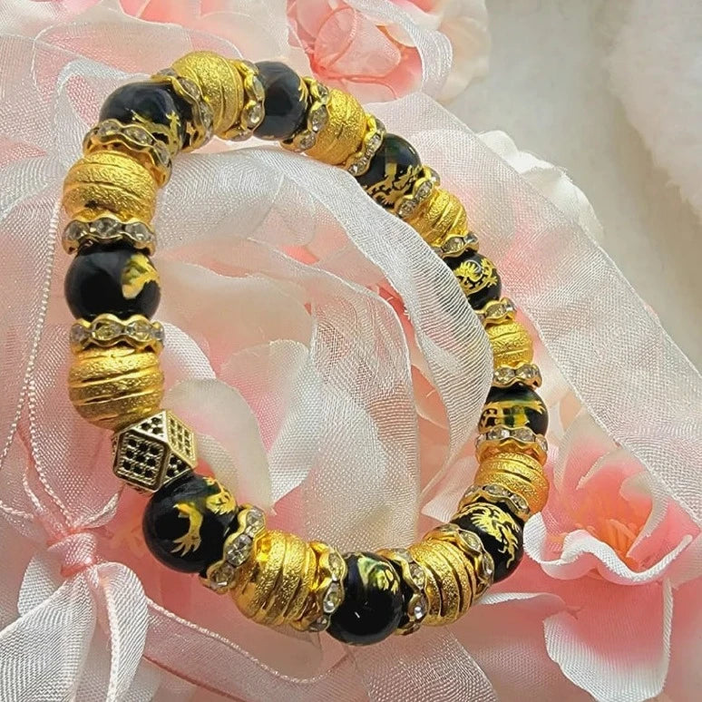 Black and Gold Dragon Bracelet, Dragon Flying Design