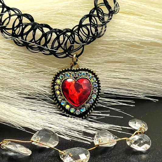 Nostalgic 90s Blood Red Heart Tattoo Choker, Stretchy Rhinestone Necklace