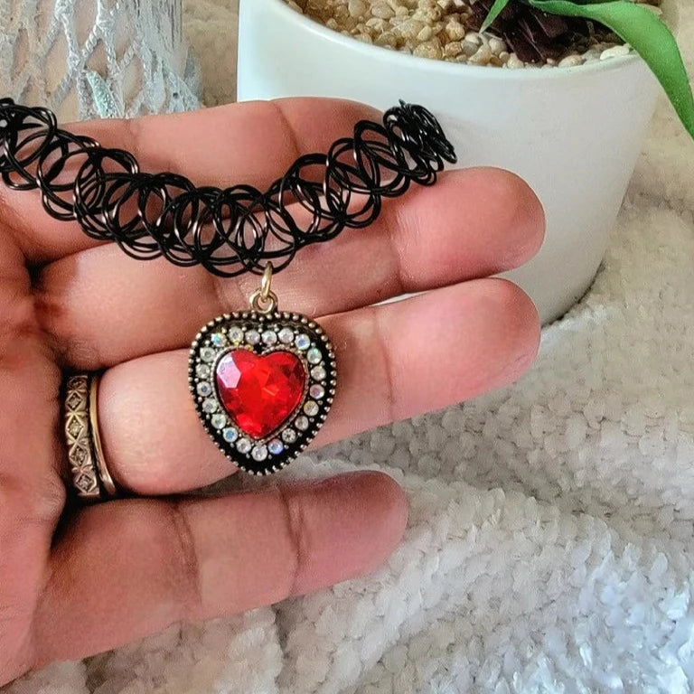 Nostalgic 90s Blood Red Heart Tattoo Choker, Stretchy Rhinestone Necklace