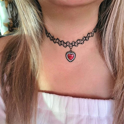 Nostalgic 90s Blood Red Heart Tattoo Choker, Stretchy Rhinestone Necklace