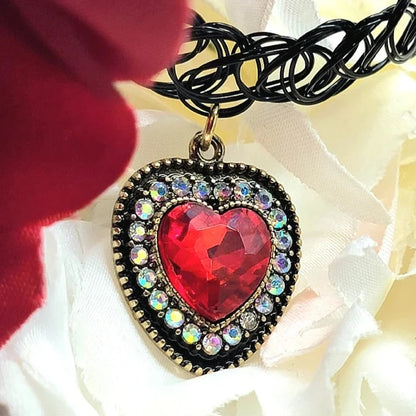 Nostalgic 90s Blood Red Heart Tattoo Choker, Stretchy Rhinestone Necklace