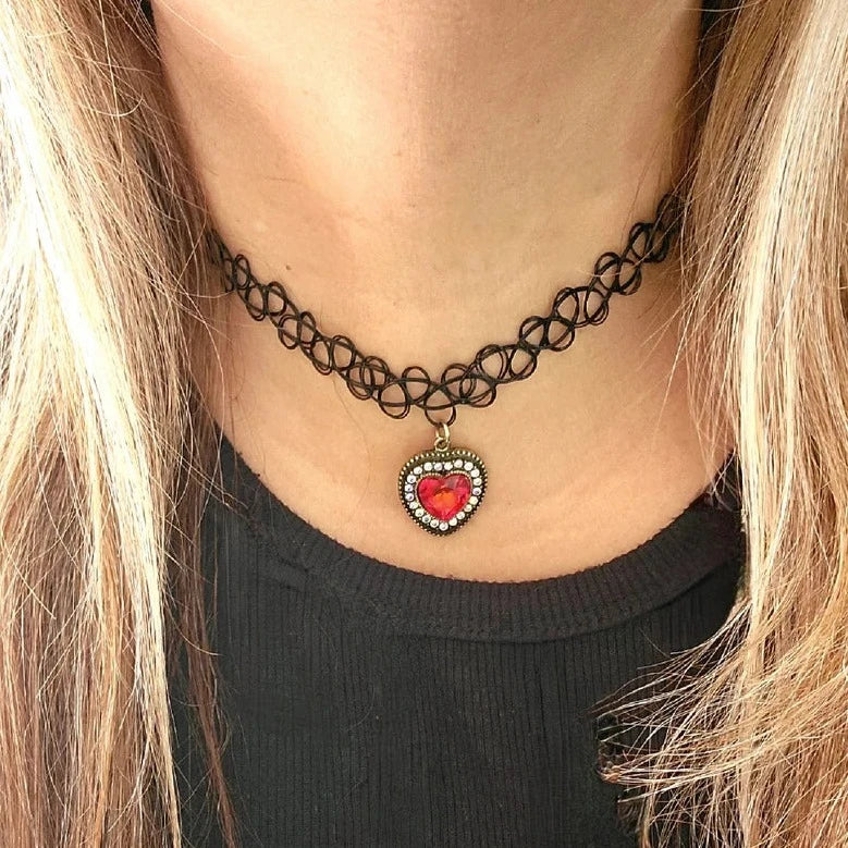 Nostalgic 90s Blood Red Heart Tattoo Choker, Stretchy Rhinestone Necklace