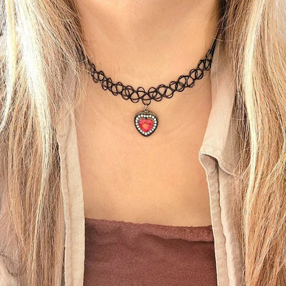 Nostalgic 90s Blood Red Heart Tattoo Choker, Stretchy Rhinestone Necklace