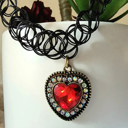 Nostalgic 90s Blood Red Heart Tattoo Choker, Stretchy Rhinestone Necklace