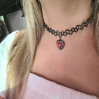 Nostalgic 90s Blood Red Heart Tattoo Choker, Stretchy Rhinestone Necklace