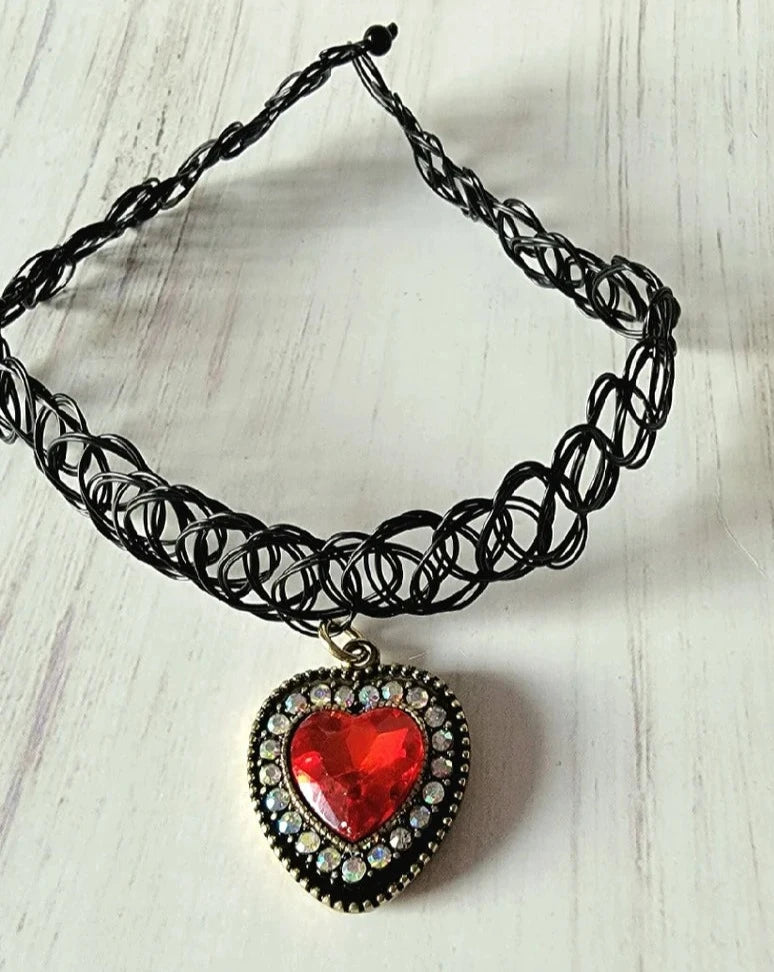 Nostalgic 90s Blood Red Heart Tattoo Choker, Stretchy Rhinestone Necklace