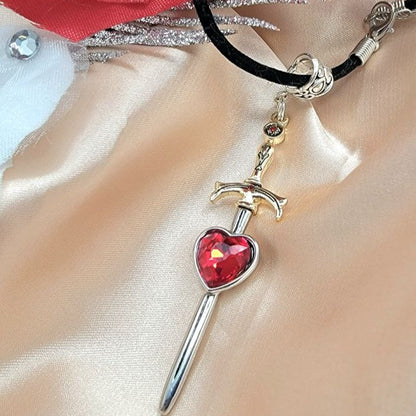 Blood Red Rhinestone Heart Sword Necklace, Heartbreak Dagger, Love Hurts Jewelry