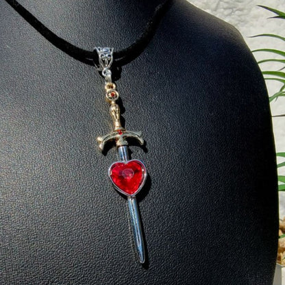 Blood Red Rhinestone Heart Sword Necklace, Heartbreak Dagger, Love Hurts Jewelry