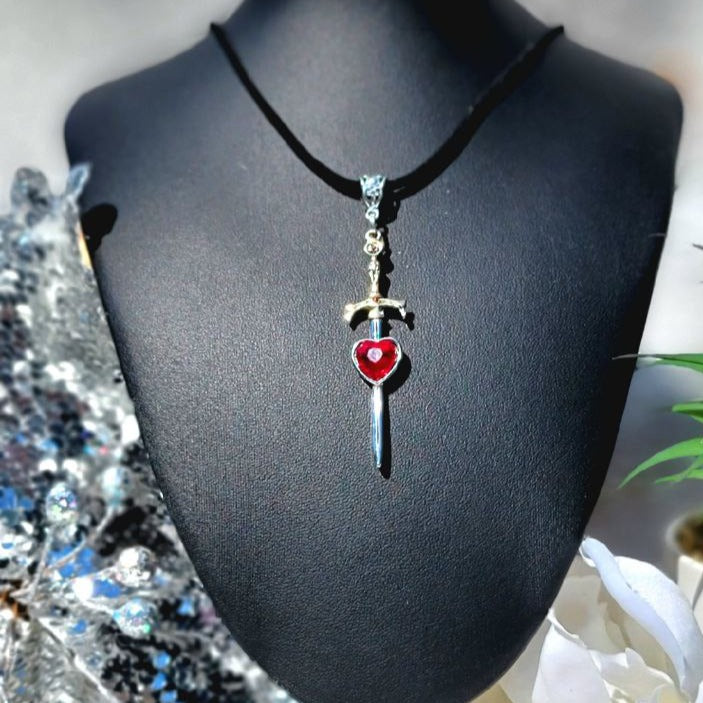 Blood Red Rhinestone Heart Sword Necklace, Heartbreak Dagger, Love Hurts Jewelry