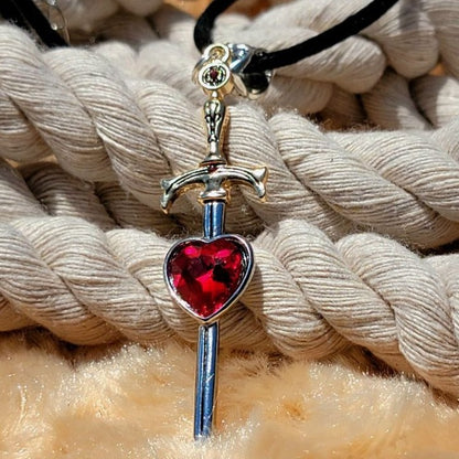 Blood Red Rhinestone Heart Sword Necklace, Heartbreak Dagger, Love Hurts Jewelry