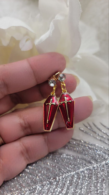 Blood Red Coffin & Gold Cross Earring, Gothic Inspired Hypoallergenic Studs, Dark Fashion Jewelry