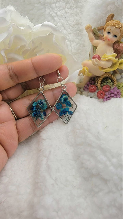 Blue Baby Carnation Bud Real Flower Earring, Turquoise Blue Flower Earring