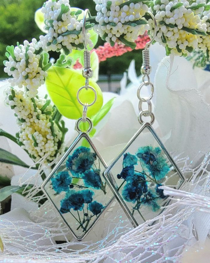 Blue Baby Carnation Bud Real Flower Earring, Turquoise Blue Flower Earring