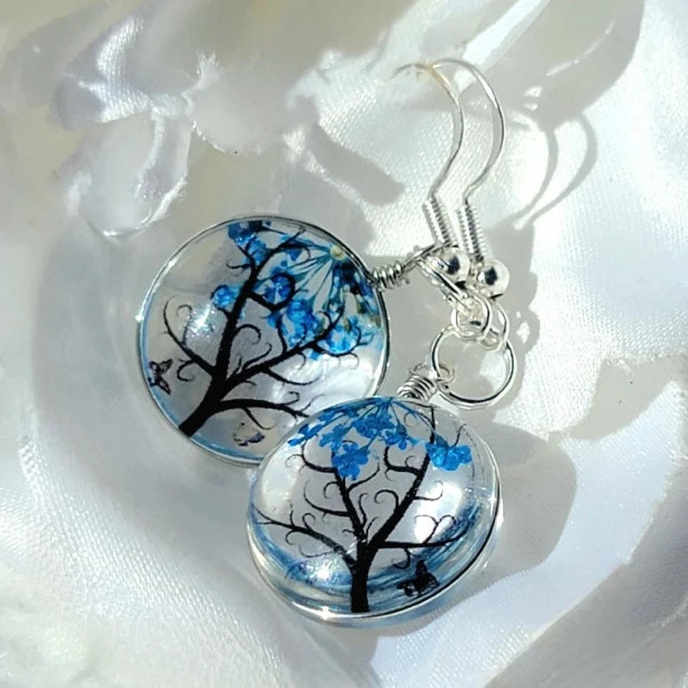 Blue Baby's Breath Flower in Glass Earring, Tree of Life Inspired Dangle