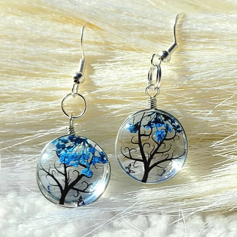 Blue Baby's Breath Flower in Glass Earring, Tree of Life Inspired Dangle