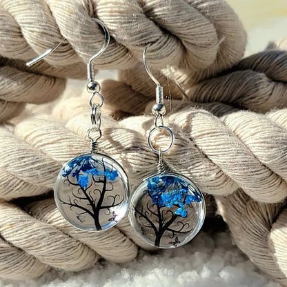 Blue Baby's Breath Flower in Glass Earring, Tree of Life Inspired Dangle