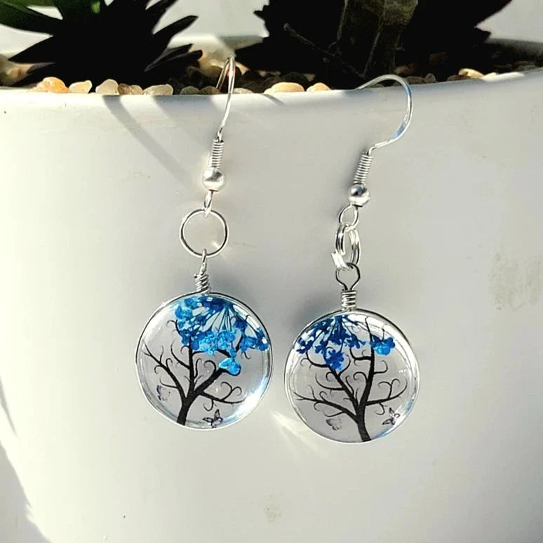 Blue Baby's Breath Flower in Glass Earring, Tree of Life Inspired Dangle