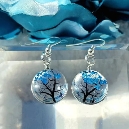 Blue Baby's Breath Flower in Glass Earring, Tree of Life Inspired Dangle