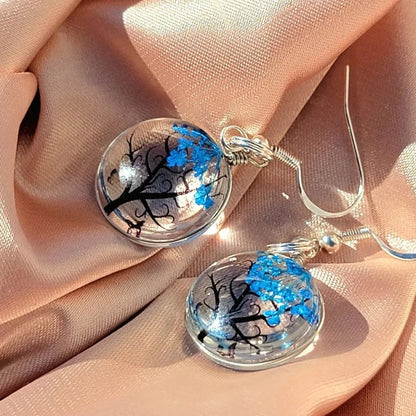 Blue Baby's Breath Flower in Glass Earring, Tree of Life Inspired Dangle