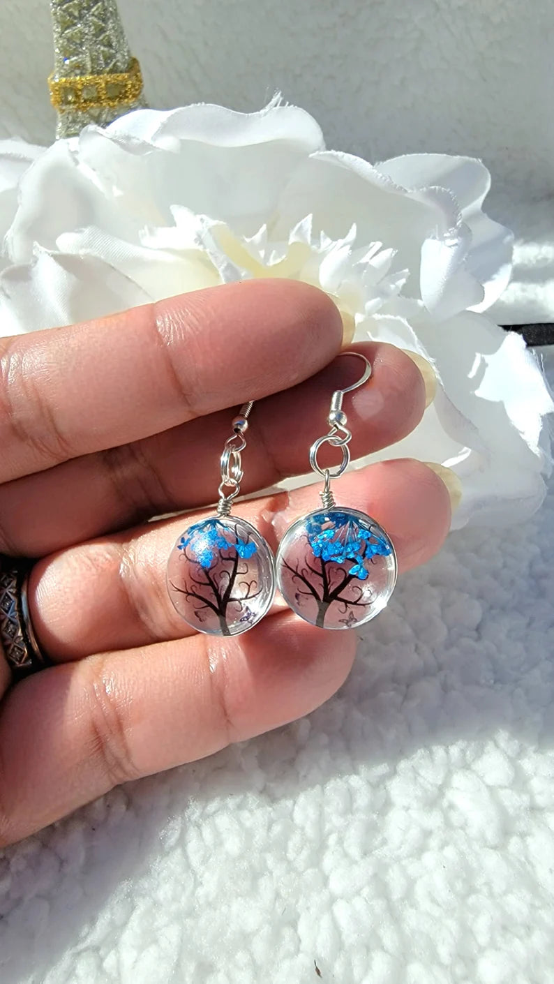 Blue Baby's Breath Flower in Glass Earring, Tree of Life Inspired Dangle