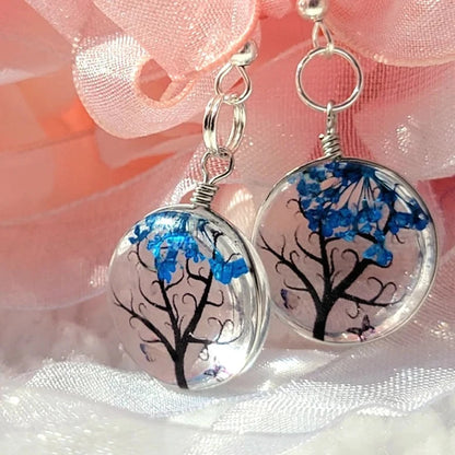 Blue Baby's Breath Flower in Glass Earring, Tree of Life Inspired Dangle