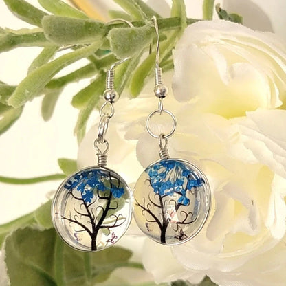 Blue Baby's Breath Flower in Glass Earring, Tree of Life Inspired Dangle