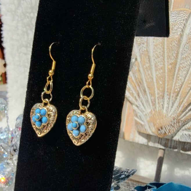 Blue and Gold Heart-Shape Earring, Timeless Romantic Accessory