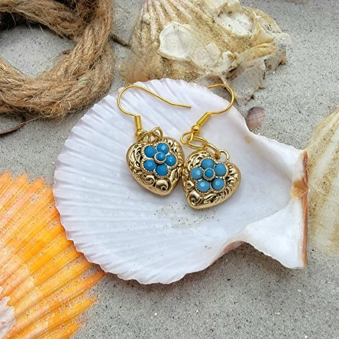 Fleur de perle bleue, boucle d’oreille en forme de cœur, bijoux romantiques, bijoux élégants uniques, accessoire romantique intemporel, goutte à thème vintage élégante