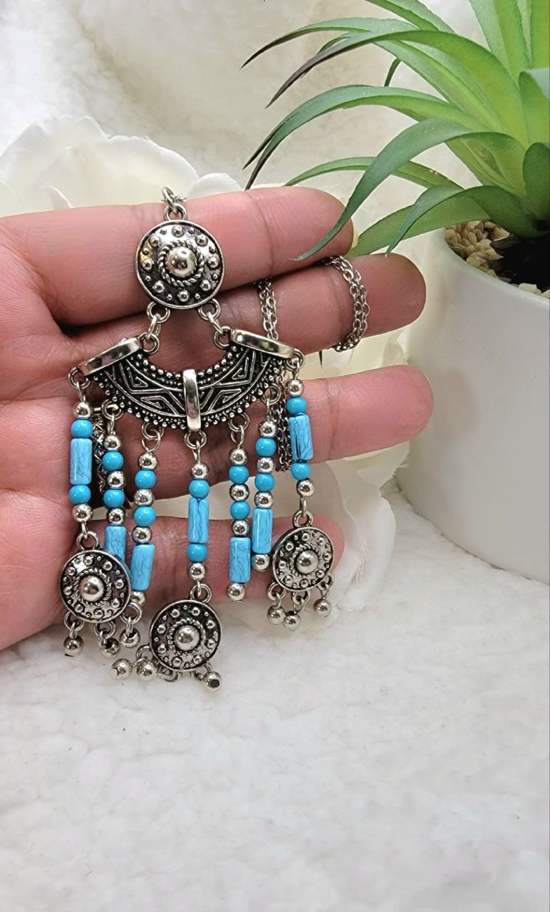 Blue Beads and Silver Tassel Necklace, Unique Bohemian Chic Jewelry