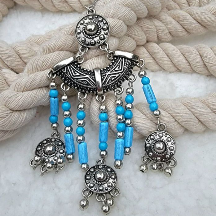 Collar de cuentas azules y borlas de plata, diseño inspirado en los nativos americanos, joyería boho chic única, estilo tradicional, moda étnica