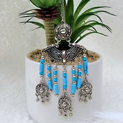 Blue Beads and Silver Tassel Necklace, Unique Bohemian Chic Jewelry