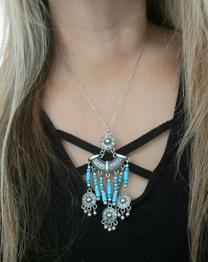 Blue Beads and Silver Tassel Necklace, Unique Bohemian Chic Jewelry