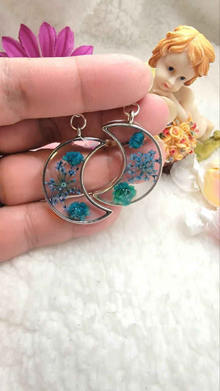 Blue Carnation Buds & Baby's Breath in Silver Crescent Moon Earrings, Real Flower Dangle