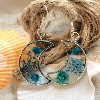 Blue Carnation Buds & Baby's Breath in Silver Crescent Moon Earrings, Real Flower Dangle