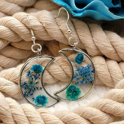 Blue Carnation Buds & Baby's Breath in Silver Crescent Moon Earrings, Real Flower Dangle