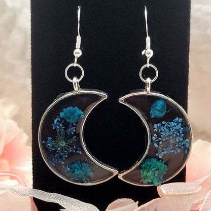 Blue Carnation Buds & Baby's Breath in Silver Crescent Moon Earrings, Real Flower Dangle