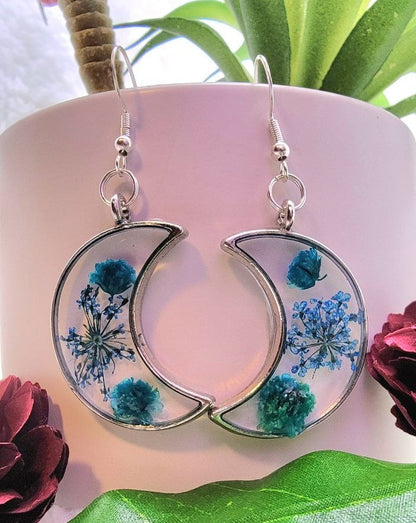 Blue Carnation Buds & Baby's Breath in Silver Crescent Moon Earrings, Real Flower Dangle