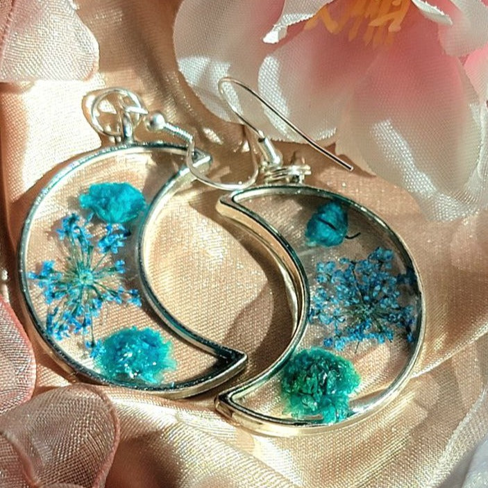 Blue Carnation Buds & Baby's Breath in Silver Crescent Moon Earrings, Real Flower Dangle