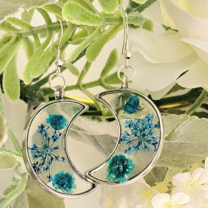 Blue Carnation Buds & Baby's Breath in Silver Crescent Moon Earrings, Real Flower Dangle