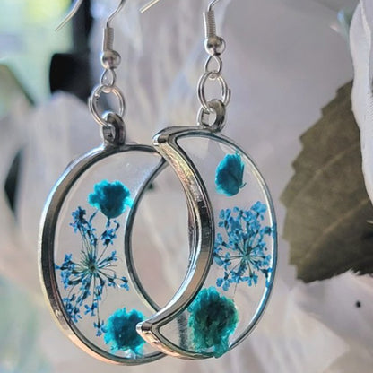 Blue Carnation Buds & Baby's Breath in Silver Crescent Moon Earrings, Real Flower Dangle