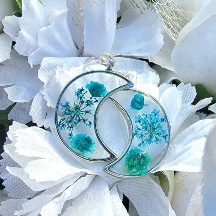 Blue Carnation Buds & Baby's Breath in Silver Crescent Moon Earrings, Real Flower Dangle