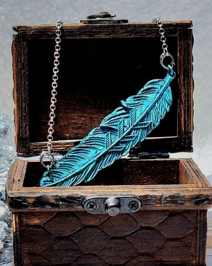 Vintage-Inspired Feather Necklace, Mystical Azure Patina Pendant, Ethereal Symbol of Freedom & Rebirth, Accessory for the Modern Bohemian