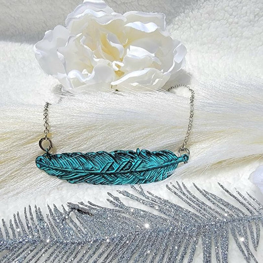 Vintage-Inspired Feather Necklace, Mystical Azure Patina Pendant, Ethereal Symbol of Freedom & Rebirth, Accessory for the Modern Bohemian