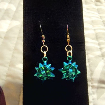 Bluish Green Festive Bow Earrings, Elegant Holiday Dangle