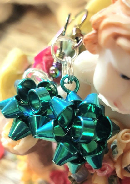 Bluish Green Festive Bow Earrings, Elegant Holiday Dangle