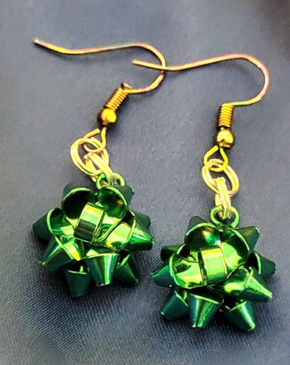 Bluish Green Festive Bow Earrings, Elegant Holiday Dangle