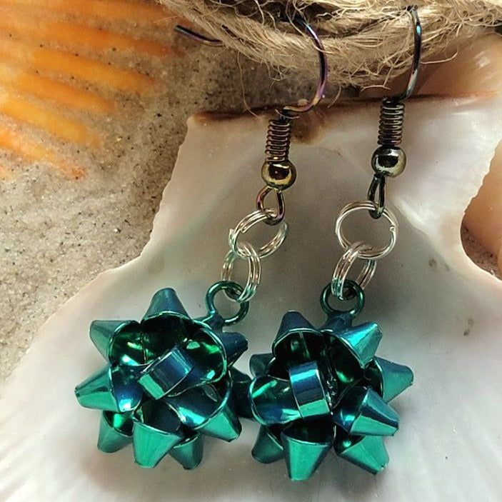 Bluish Green Festive Bow Earrings, Elegant Holiday Dangle