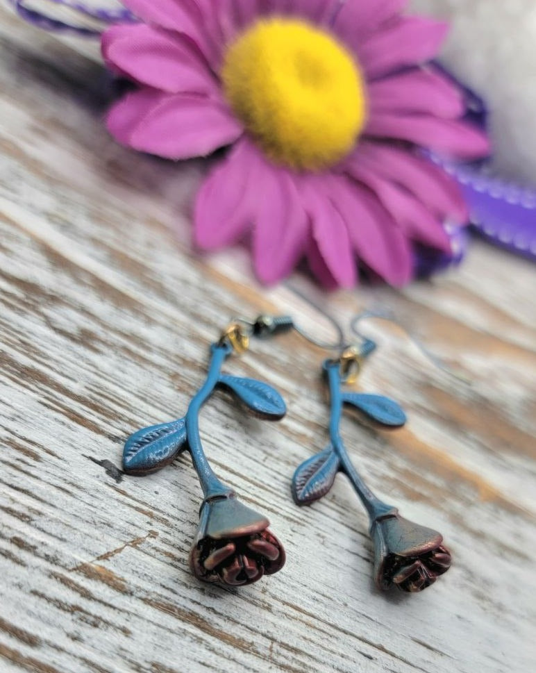 Blue Long Stem Rose Earrings, Elegant Drop Jewelry, Romantic Style Floral Jewelry