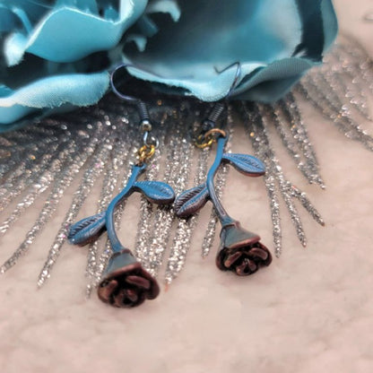 Blue Long Stem Rose Earrings, Elegant Drop Jewelry, Romantic Style Floral Jewelry